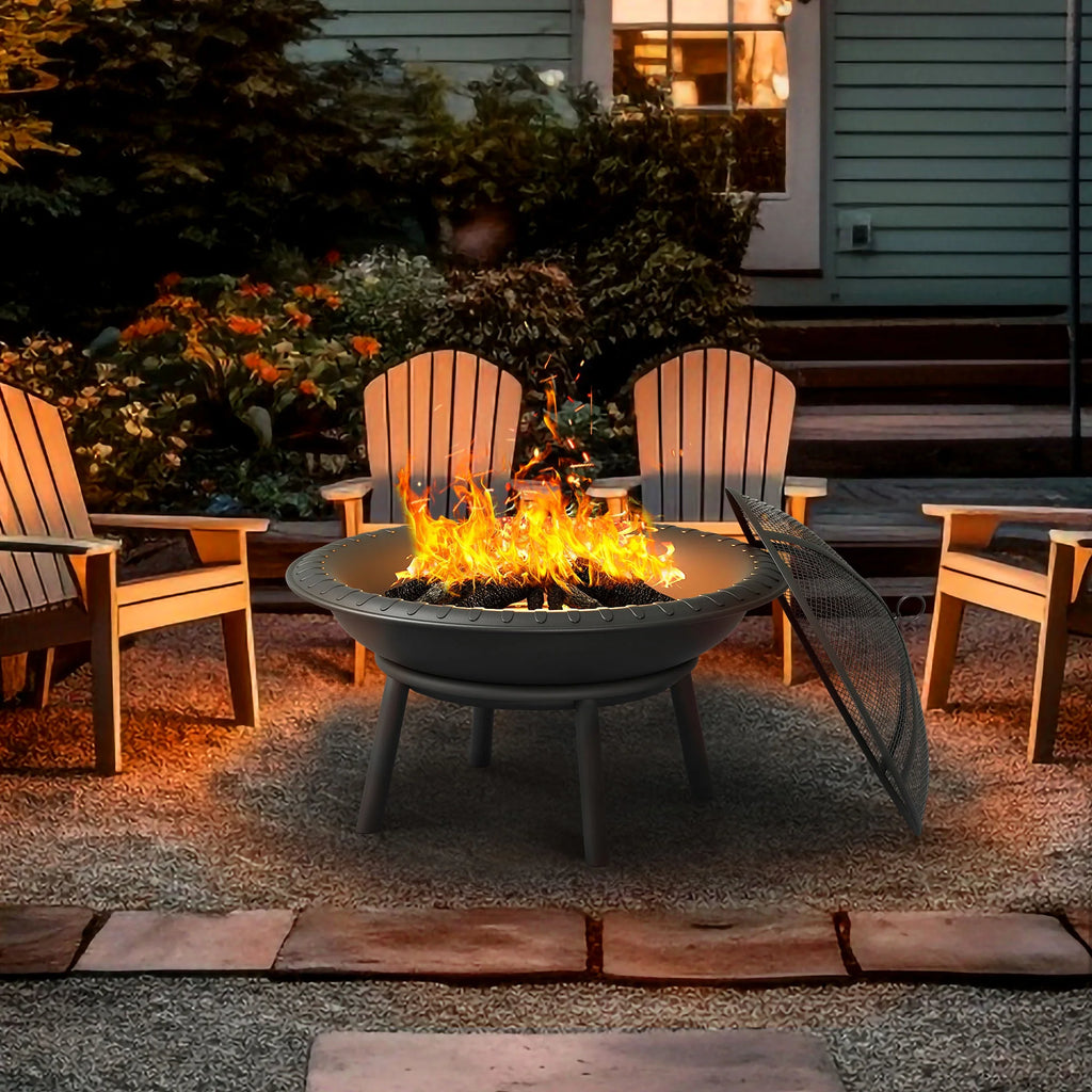 24'' Outdoor Round Fire Pit Bowl with Spark Screen and Poker A948524