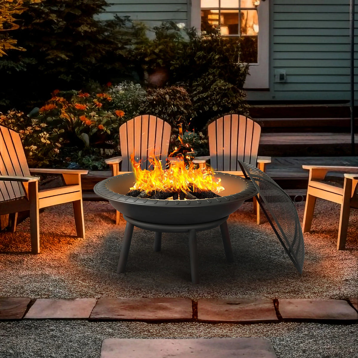 24'' Outdoor Round Fire Pit Bowl with Spark Screen and Poker A948524
