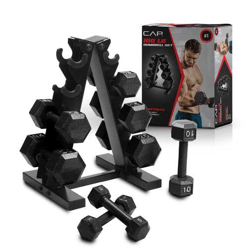 100 lb Cast Iron Hex Dumbbell Weight Set with Rack T87709