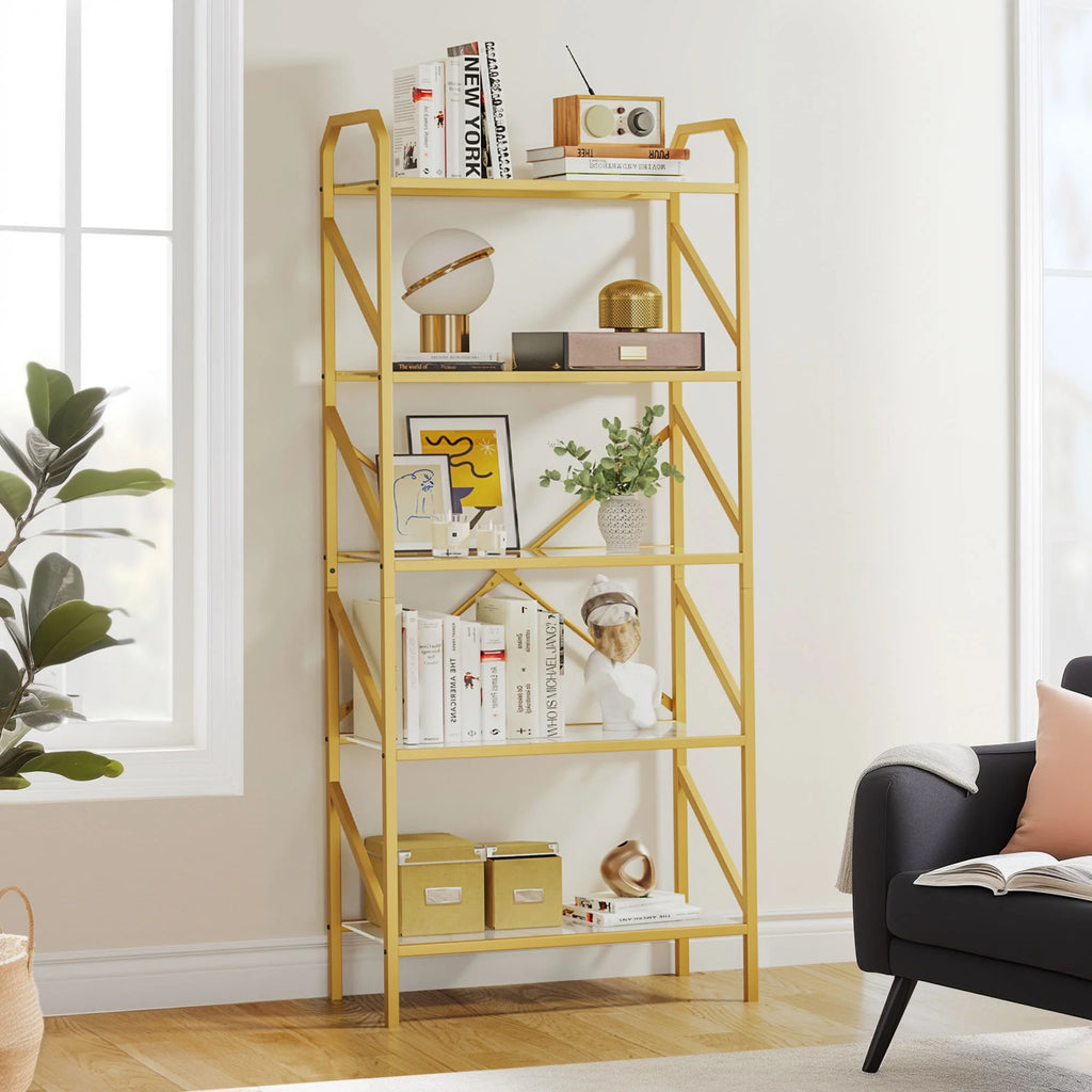Gold 5 Tier Glass Shelves Bookshelf O4570