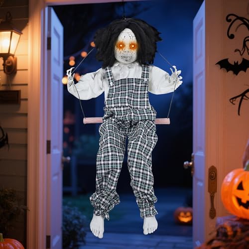 Hanging Witch Halloween Decorations with Color-Changing LED Eyes & Scary Sounds F465820