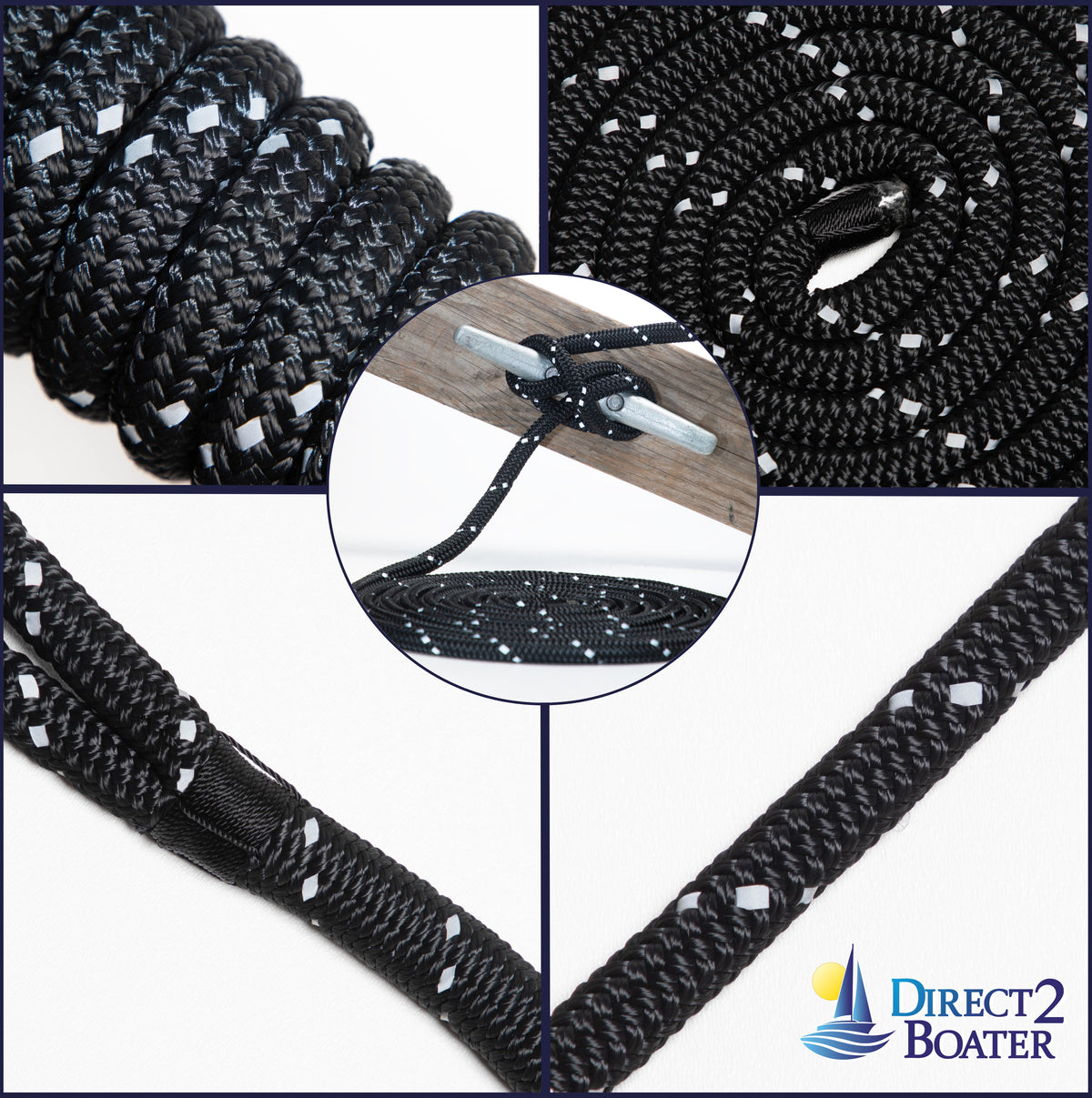 3/8" x 15' Black (2 Pack) Double Braided Nylon Dock Line L884