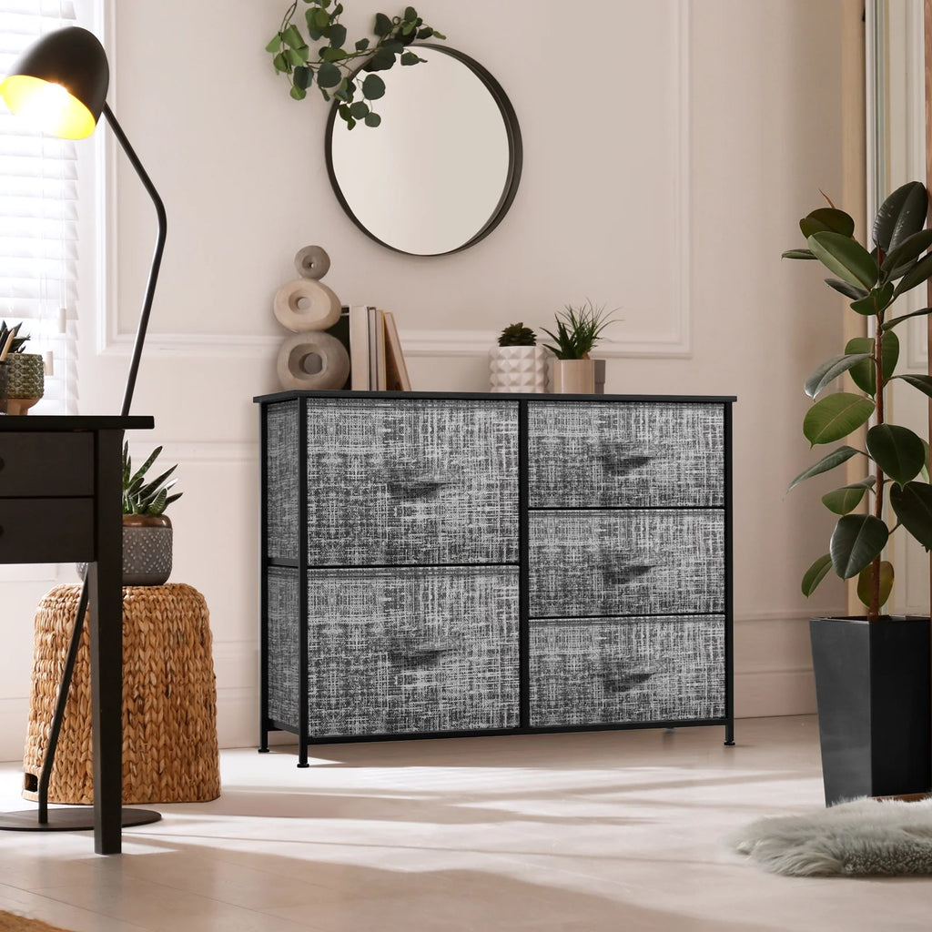 5 Drawer Fabric Storage Dresser with Wood Top E2838