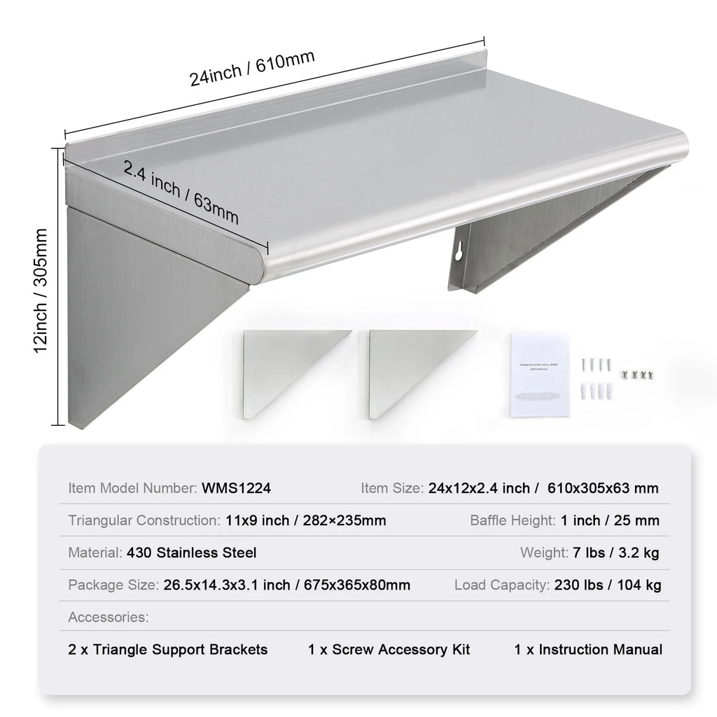Stainless Steel 24" x 12" Wall Mounted Shelf D524