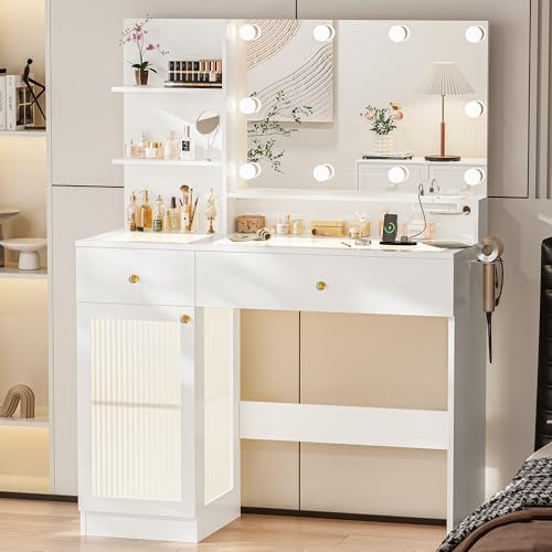 40" White Vanity Desk with Mirror and Lights K577512