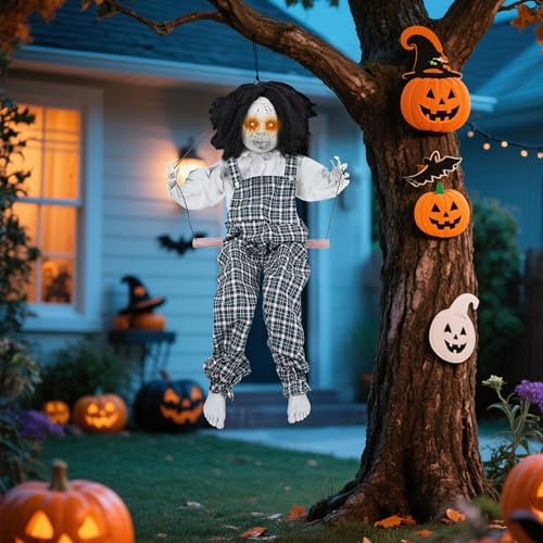 Hanging Witch Halloween Decorations with Color-Changing LED Eyes & Scary Sounds F465820