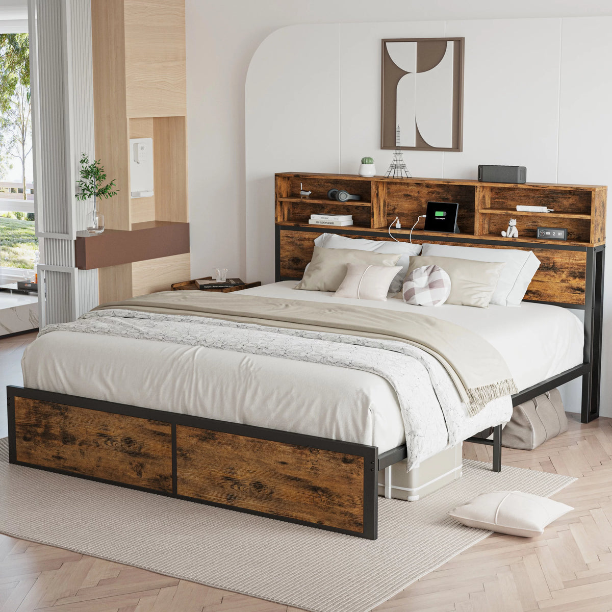 Full Bed Frame with Bookcase Headboard and Charging Station J42237