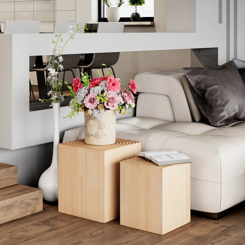Set of 2 Natural Wood Tree Ring Pattern End Table I582808