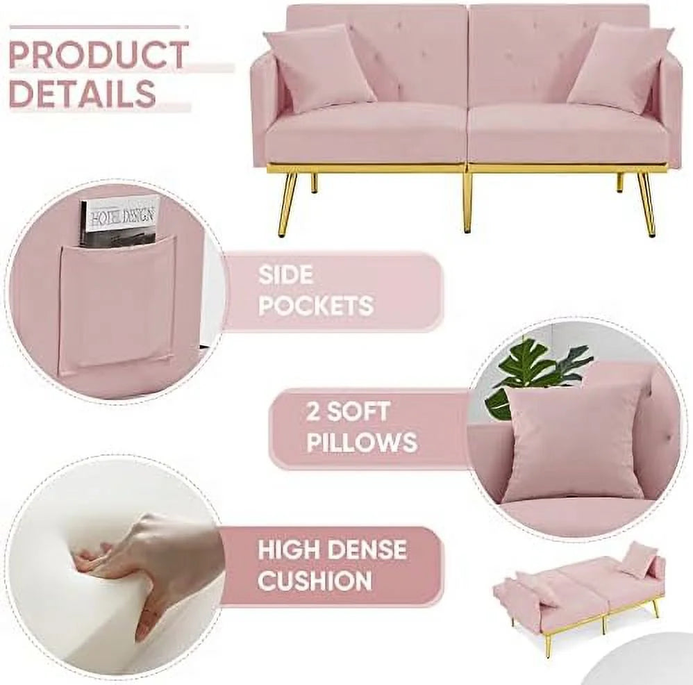 Convertible Futon Sofa Bed 59-inch Velvet Sleeper Sofa with Two Pillows L333