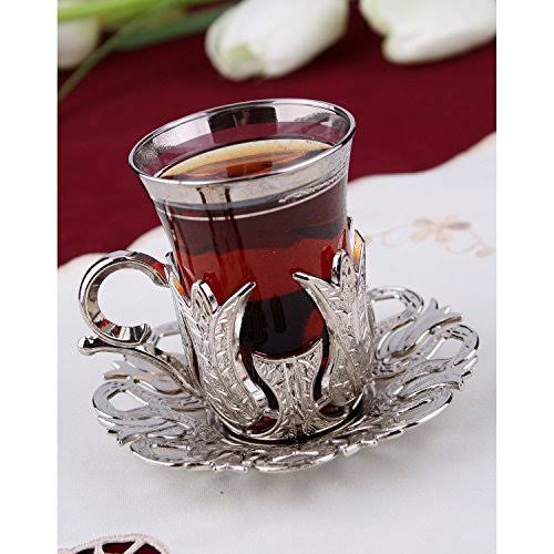 6 x Turkish Tea Glasses Set with Saucers Holders & Spoons (Silver) M696513
