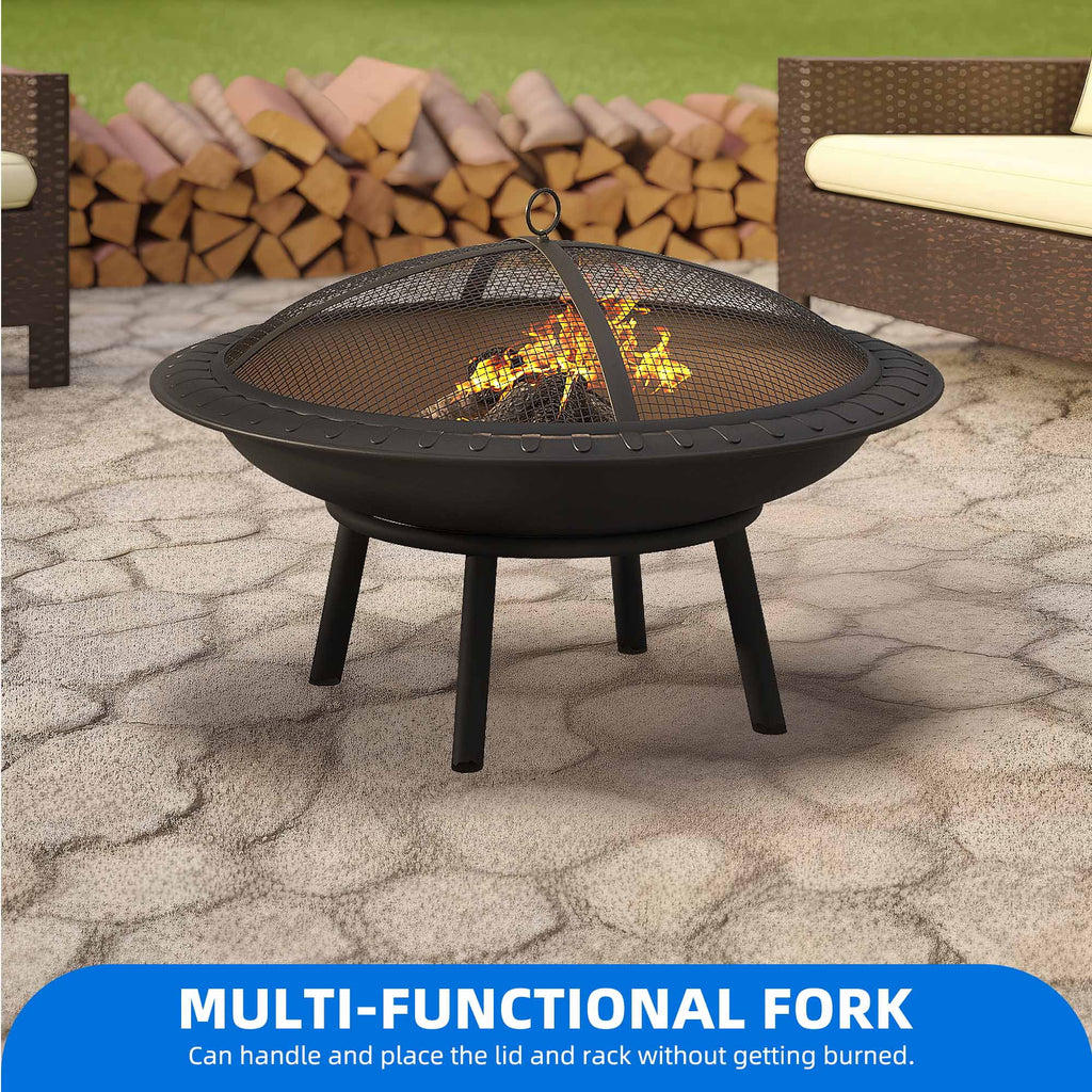 24'' Outdoor Round Fire Pit Bowl with Spark Screen and Poker A948524