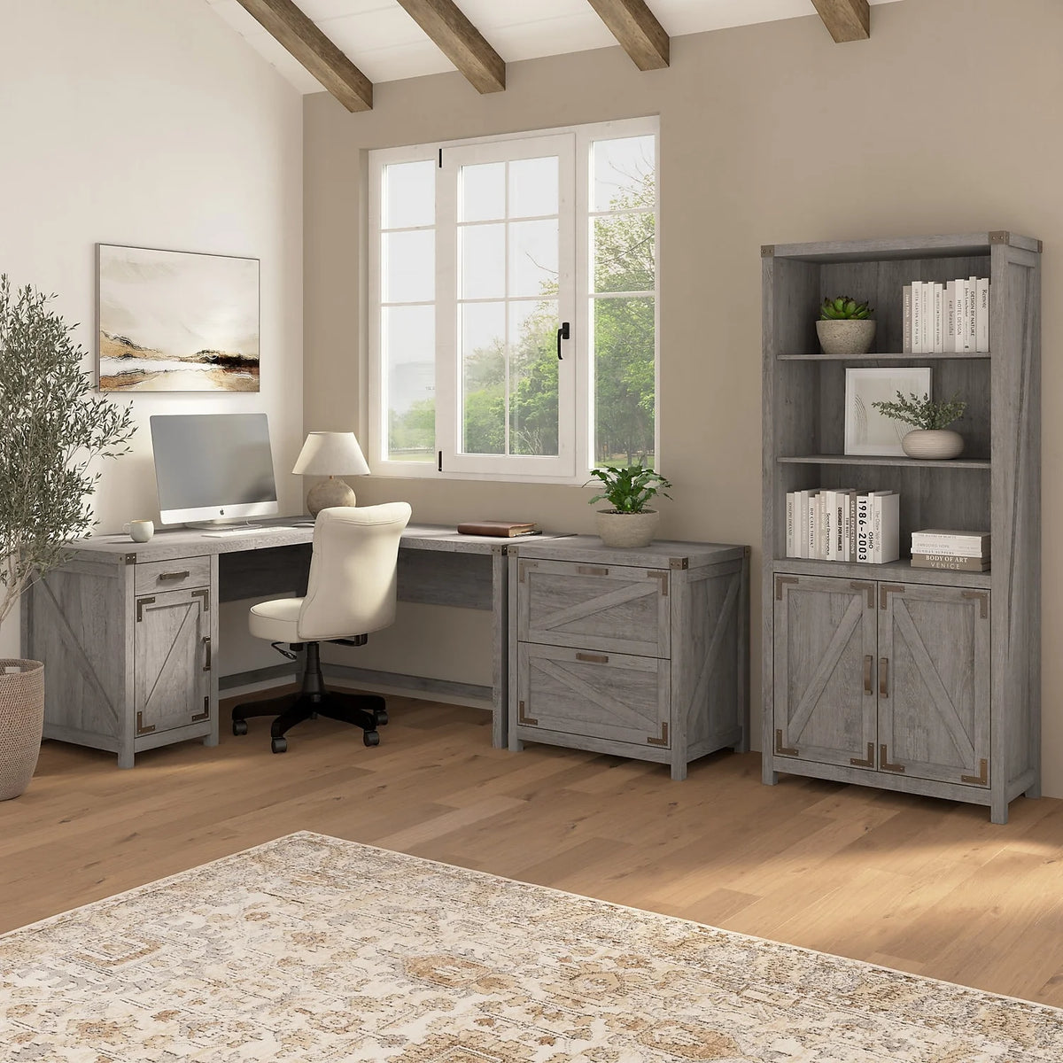 L Shaped Desk with File Cabinet and Bookcase N123056