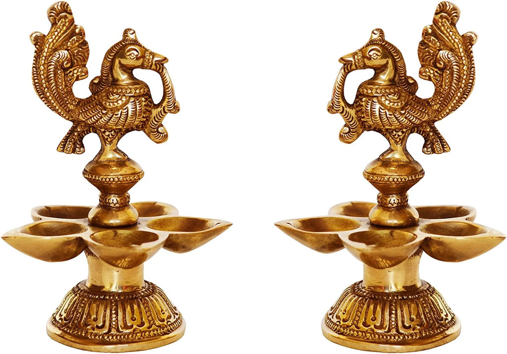 Brass Peacock Oil Lamp Pair of Five Wicks Decorative Metal Lamp (Pack of 2) X729986