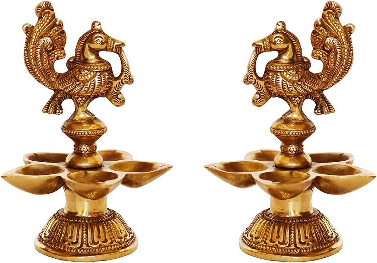 Brass Peacock Oil Lamp Pair of Five Wicks Decorative Metal Lamp (Pack of 2) X729986