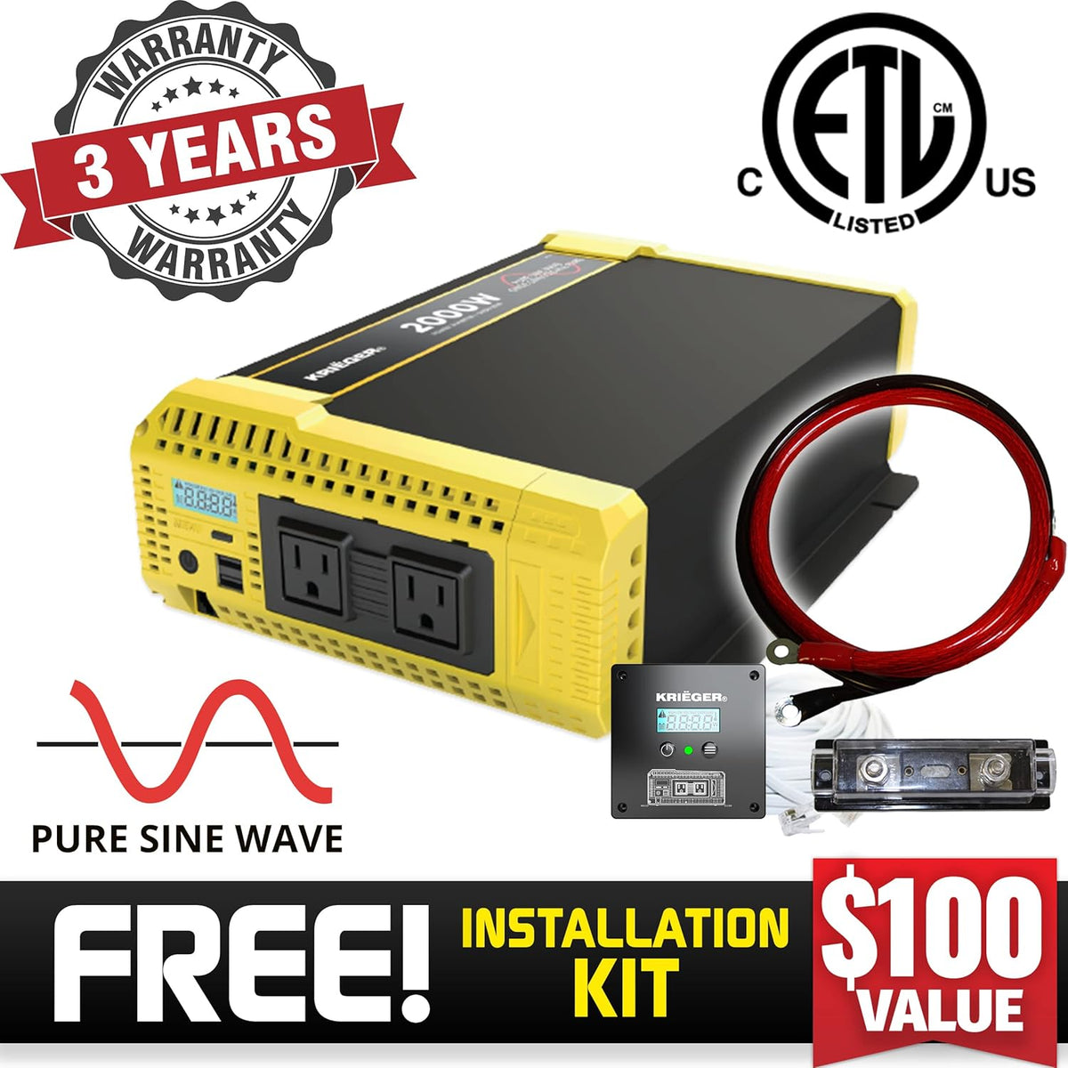 2000 Watt 12V Pure Sine Power Inverter Dual USB & AC Outlets M7015