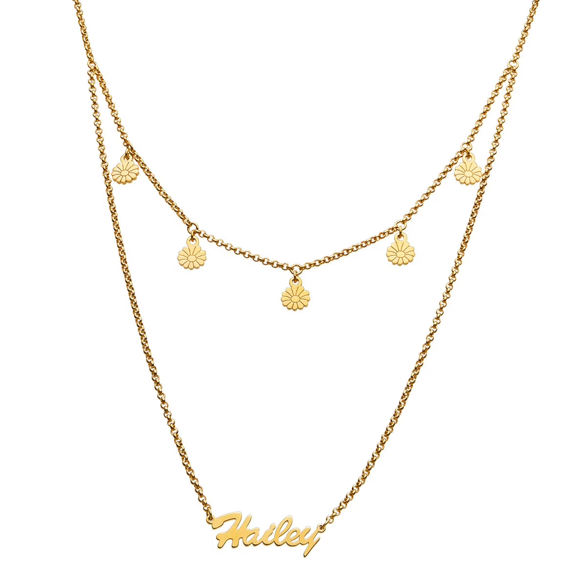 Goldtone Layered Name Necklace with Flower Charms N388