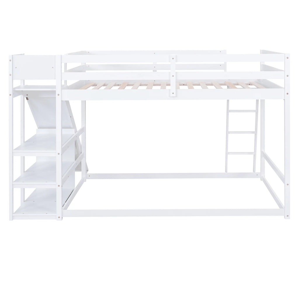 Full Over Full Solid Wood Bunk Bed with Slide and Bookshelves Y17946