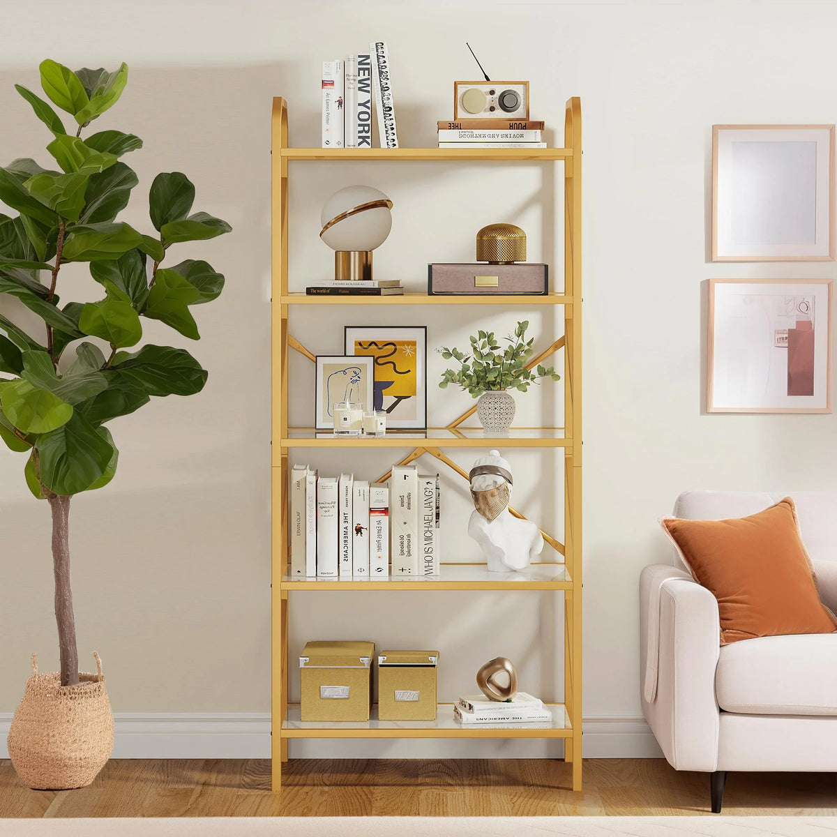 Gold 5 Tier Glass Shelves Bookshelf O4570