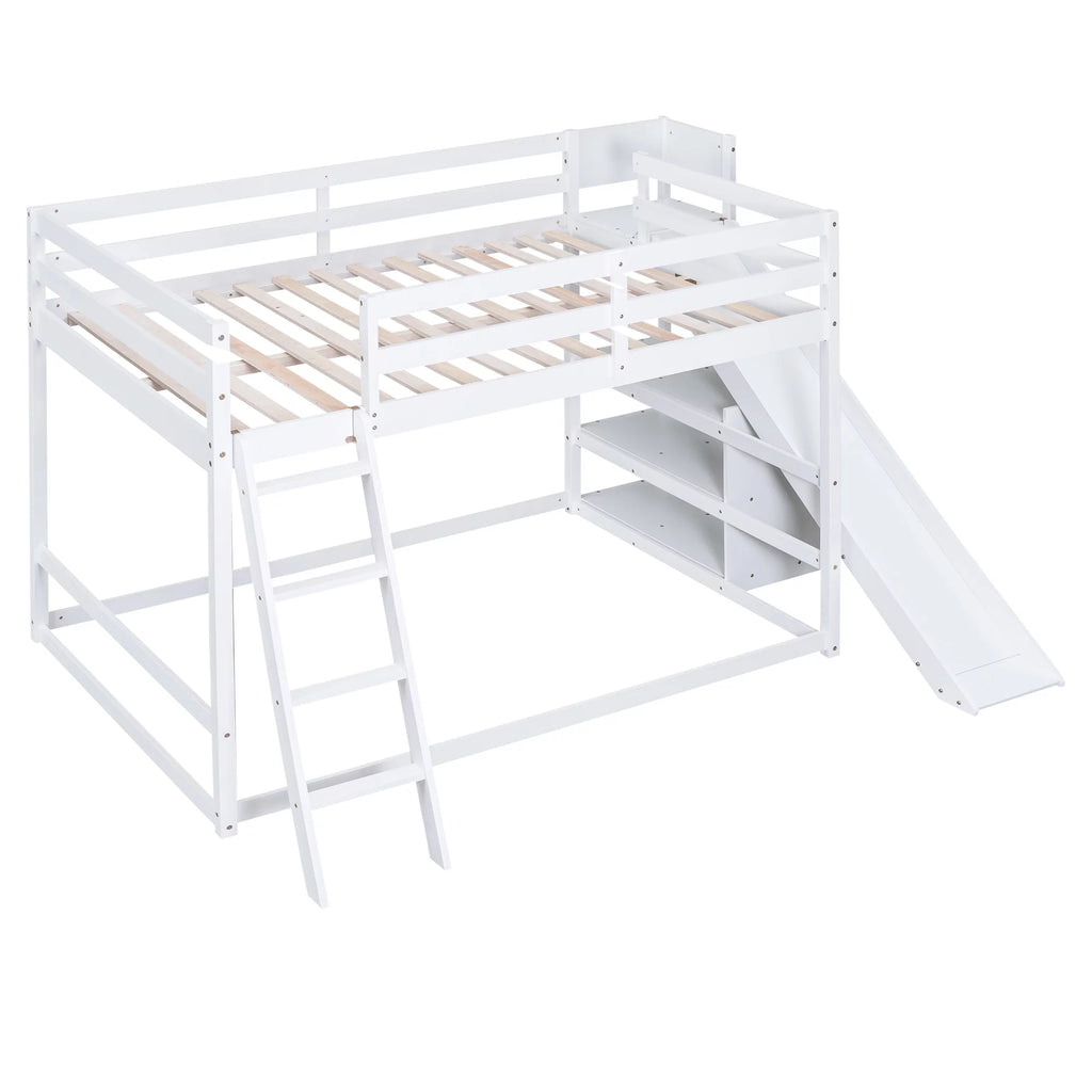 Full Over Full Solid Wood Bunk Bed with Slide and Bookshelves Y17946