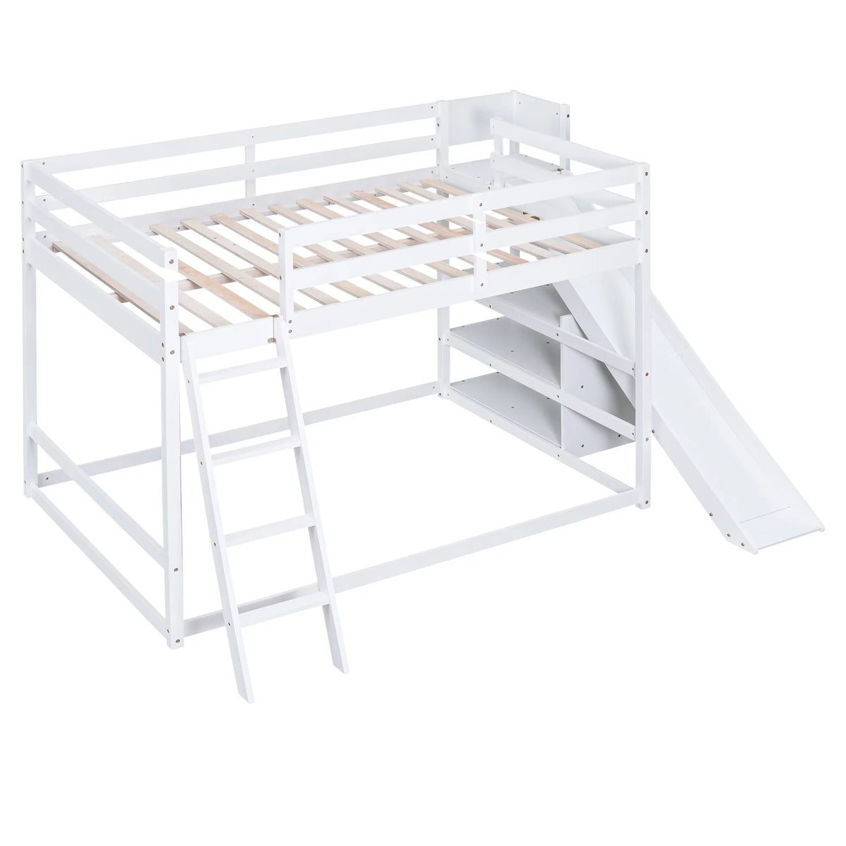 Full Over Full Solid Wood Bunk Bed with Slide and Bookshelves Y17946