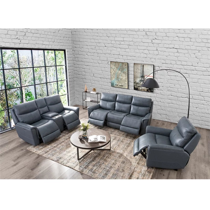 Blue Grey Leather Power Motion Sofa H46107