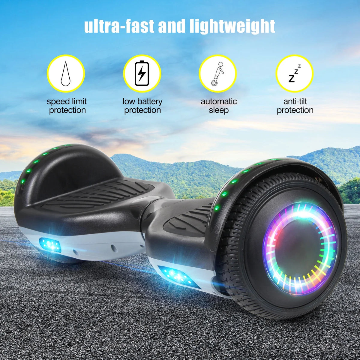 Black Two-Wheel Self Balancing Scooter with Bluetooth Speaker and LED Lights V842