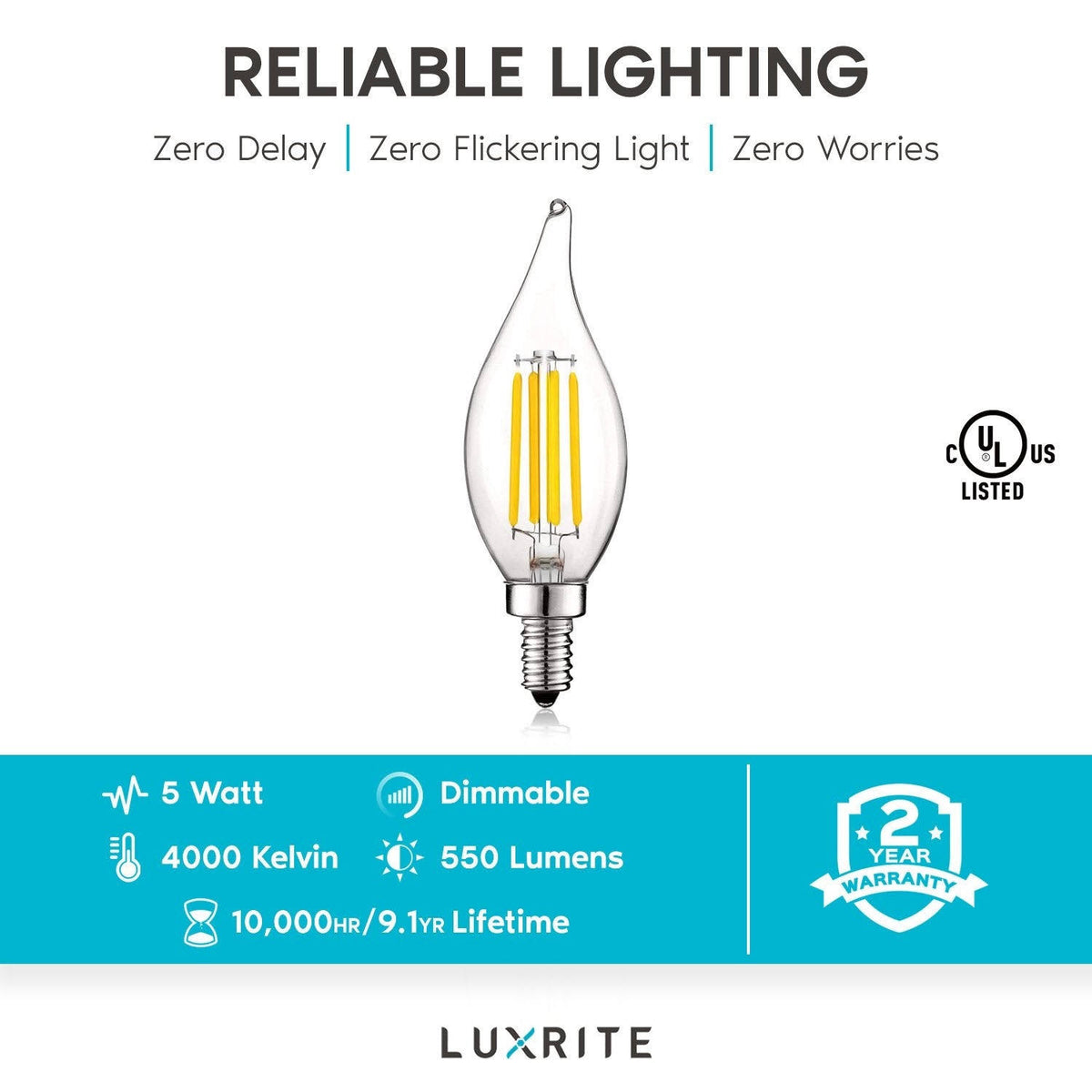 Vintage Candelabra E12 LED Bulb 5w, 550 Lumens, 2700K Warm White, Dimmable, Flame Tip Clear Glass (24 Pack) L3303
