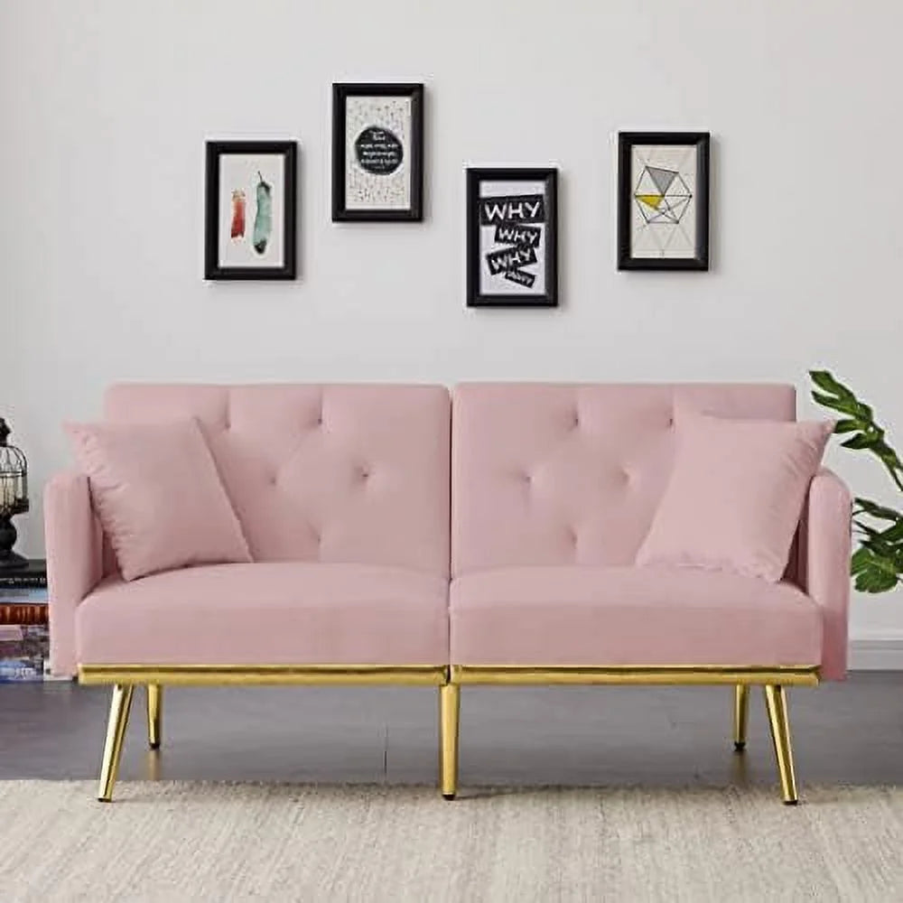 Convertible Futon Sofa Bed 59-inch Velvet Sleeper Sofa with Two Pillows L333