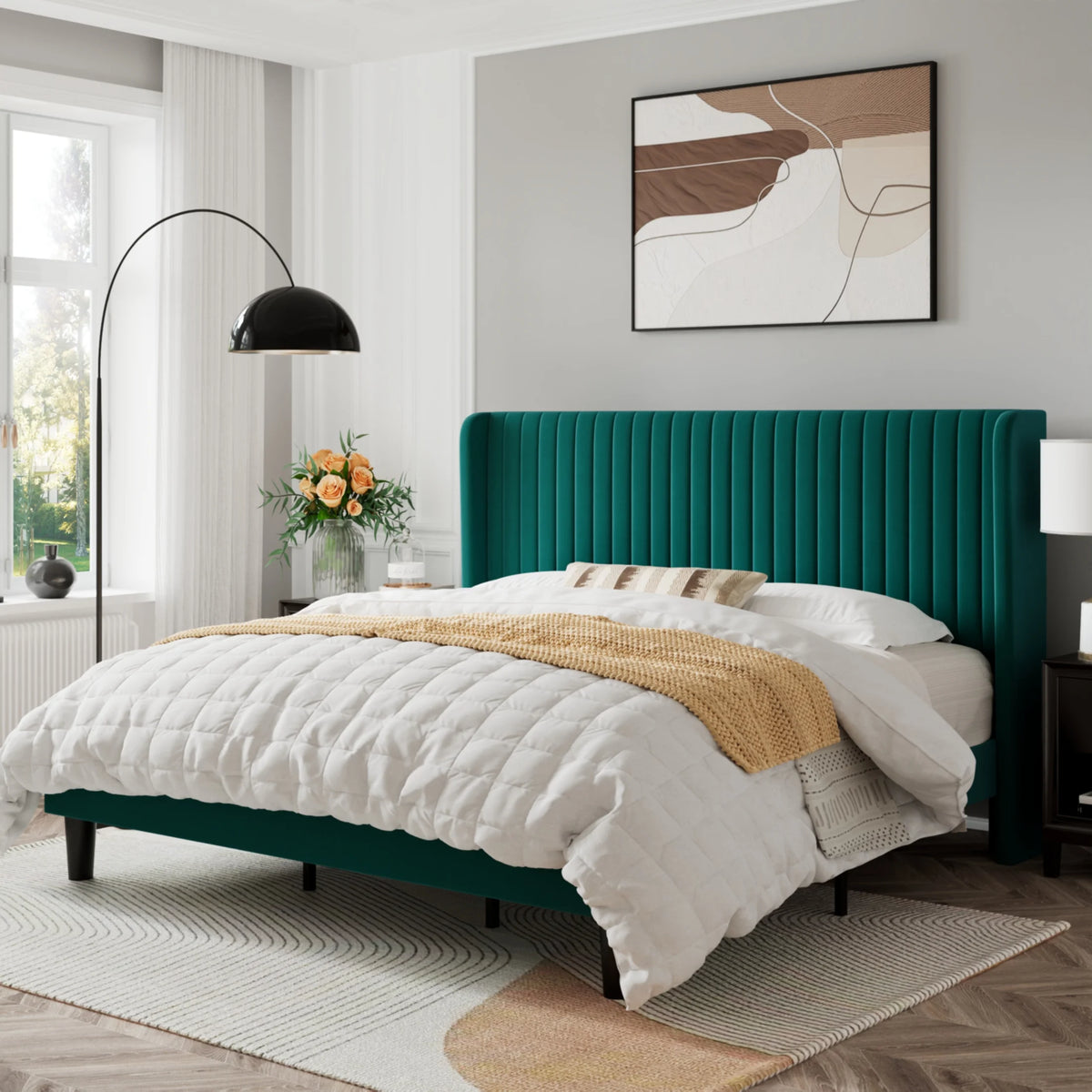 Queen Size Off White Velvet Platform Bed Frame with Wingback Headboard L1427
