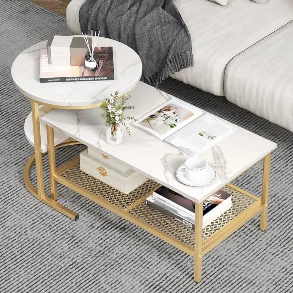 2 PCS Faux Marble Top Coffee Table Set I7945