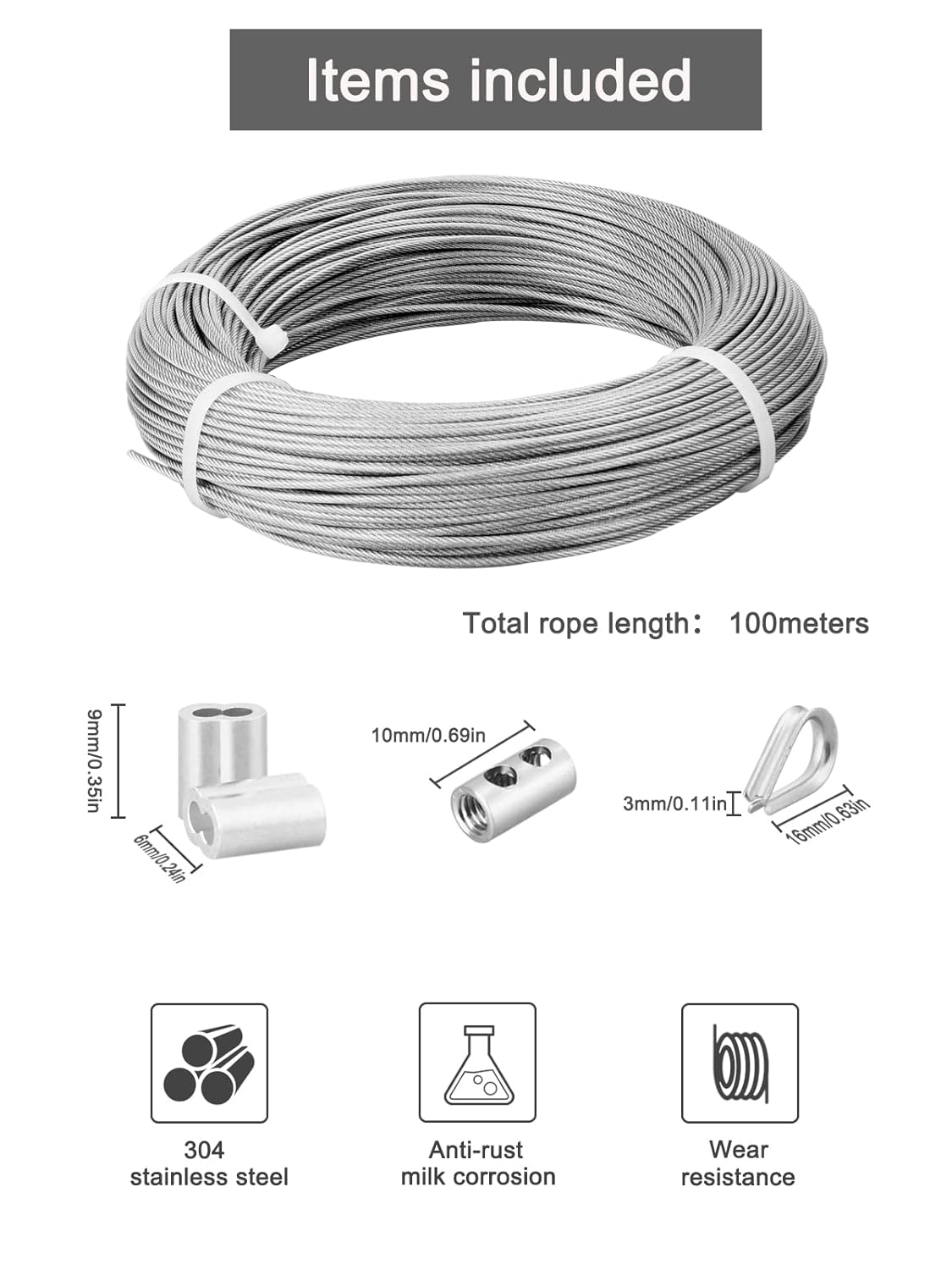 5/64 Coated Stainless Steel Wire Rope 328ft with Thimbles, Crimping Sleeves, Wire Rope Clips X604
