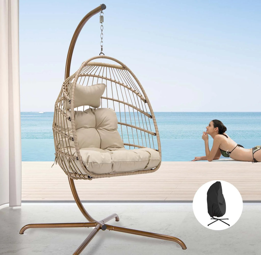 Foldable Brown PE Wicker Hanging Egg Chair with Stand Q4025