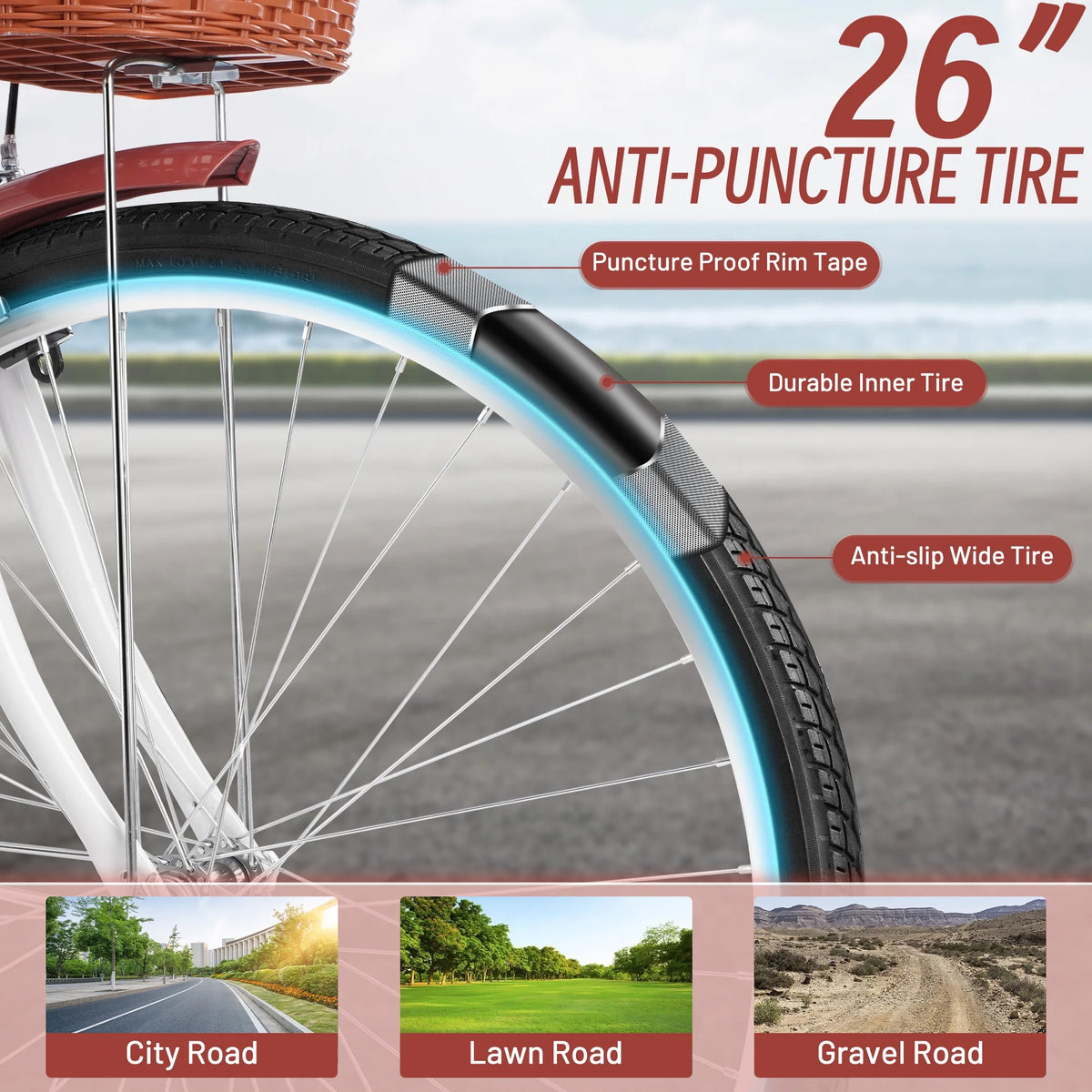 26 Inch White Foldable Cruiser Bike with Basket X601