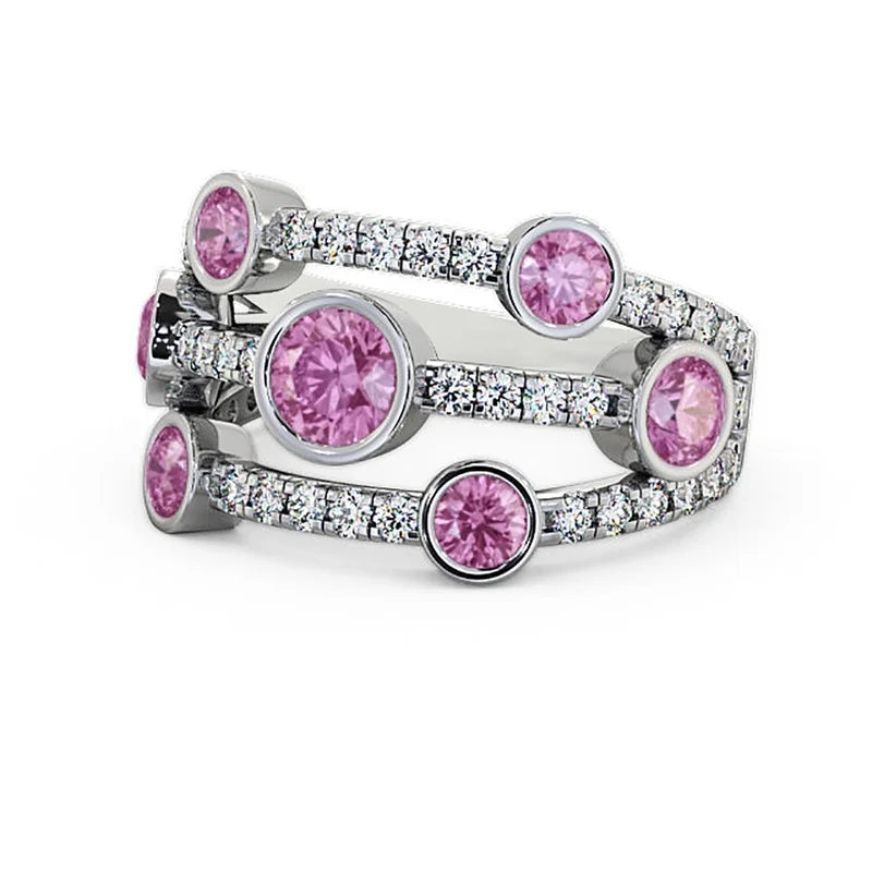 14K White Gold Eternity Band with Round Cut Pink Sapphire V84051