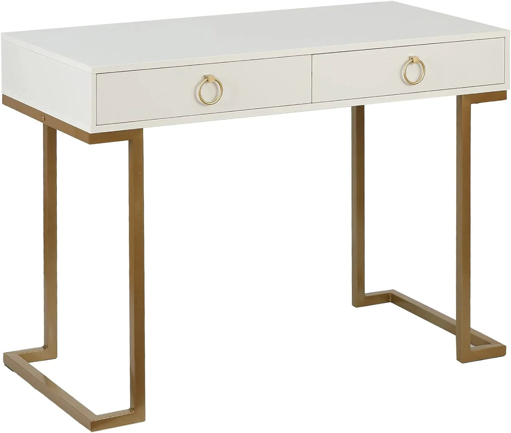 White Gold 2 Drawer Wood Metal Desk I135436