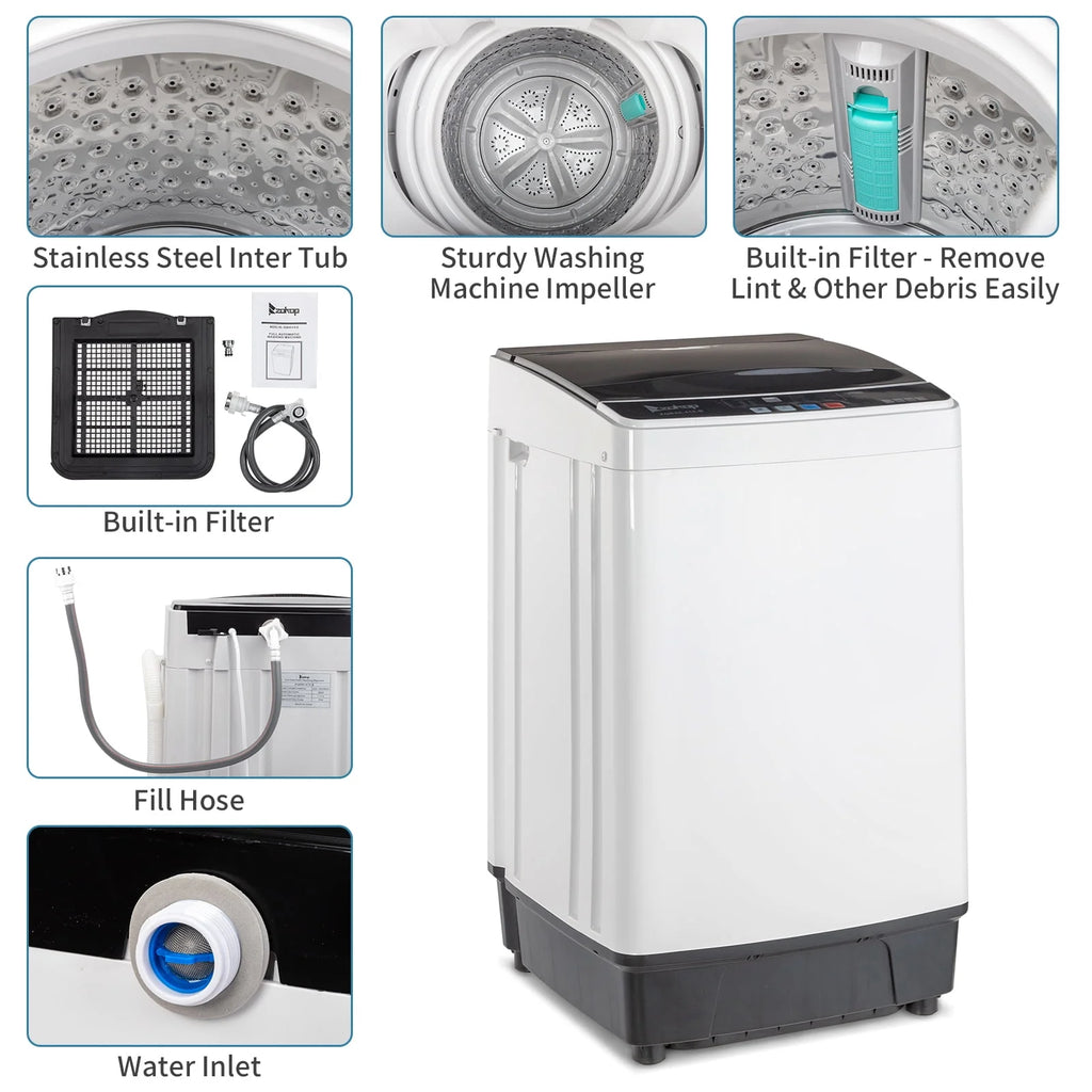 Full Automatic Washing Machine, Portable Laundry Washer with Drain Pump, White And Black S275497