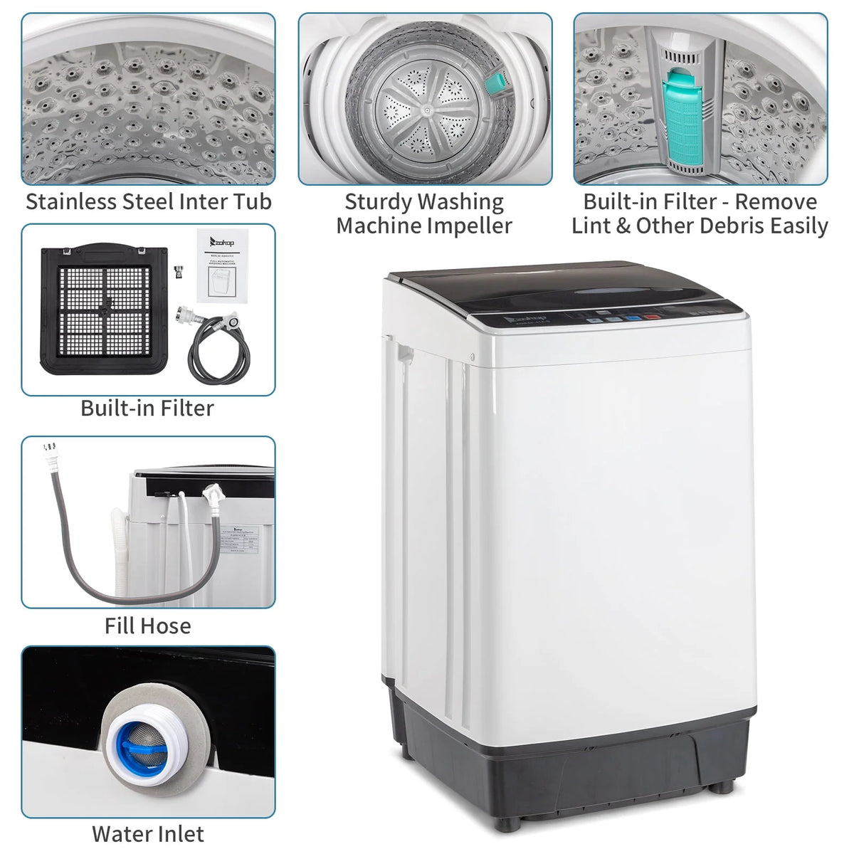 Full Automatic Washing Machine, Portable Laundry Washer with Drain Pump, White And Black S275497