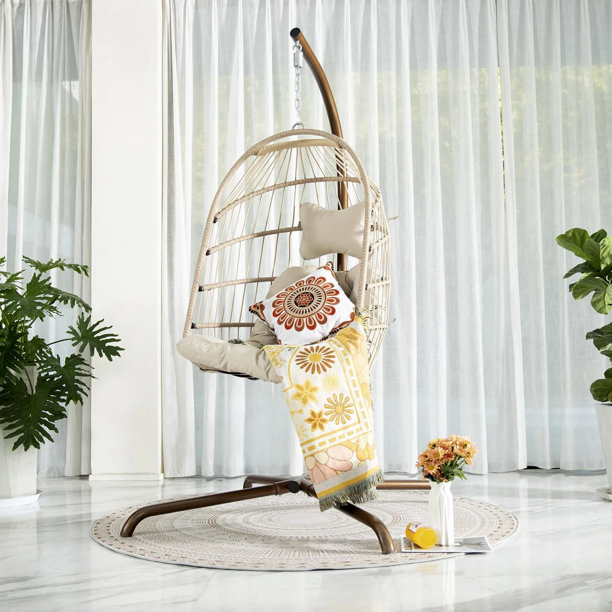 Foldable Brown PE Wicker Hanging Egg Chair with Stand Q4025