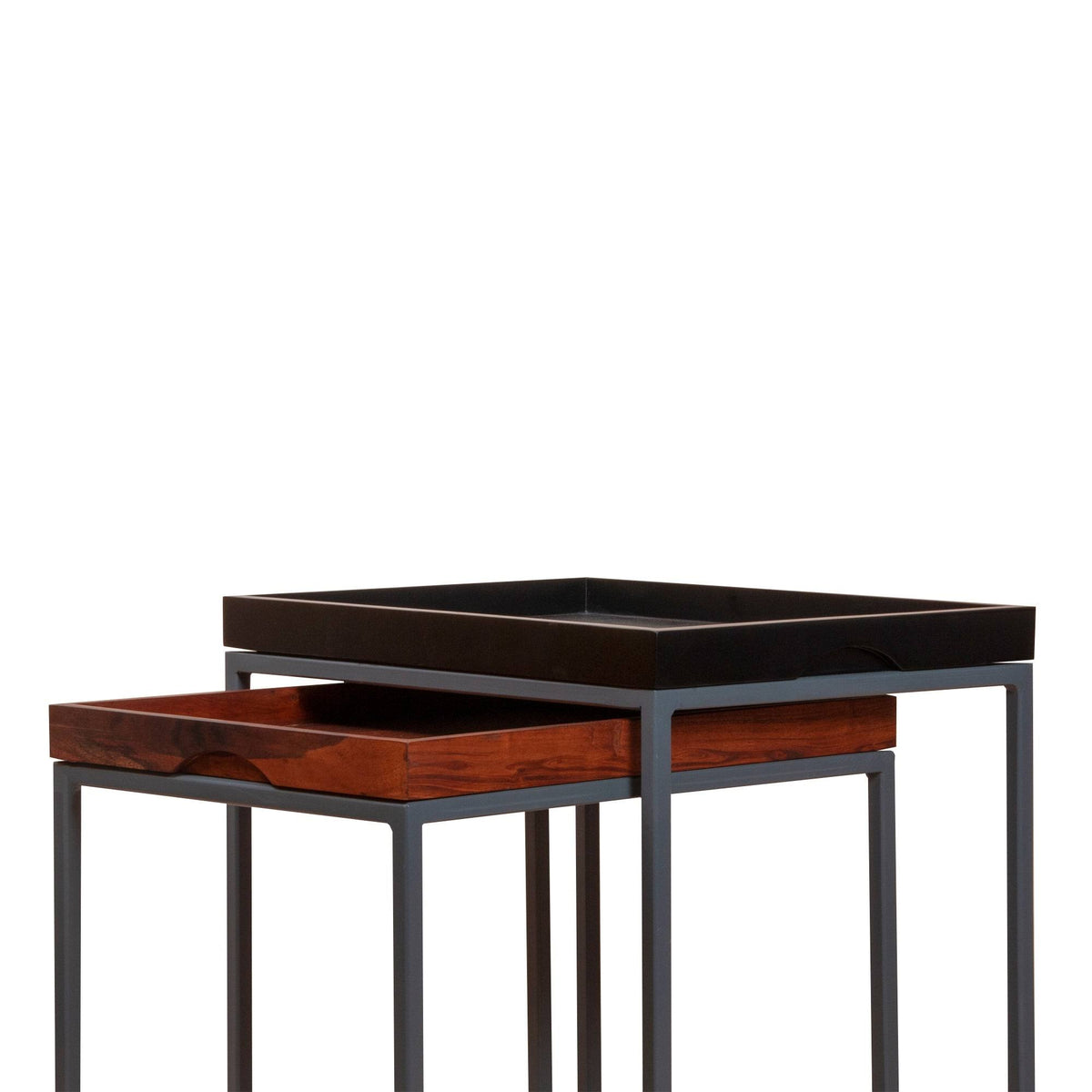 2 Piece Wooden Tray Top Nesting Table Set with Metal Frame, Brown and Black J902