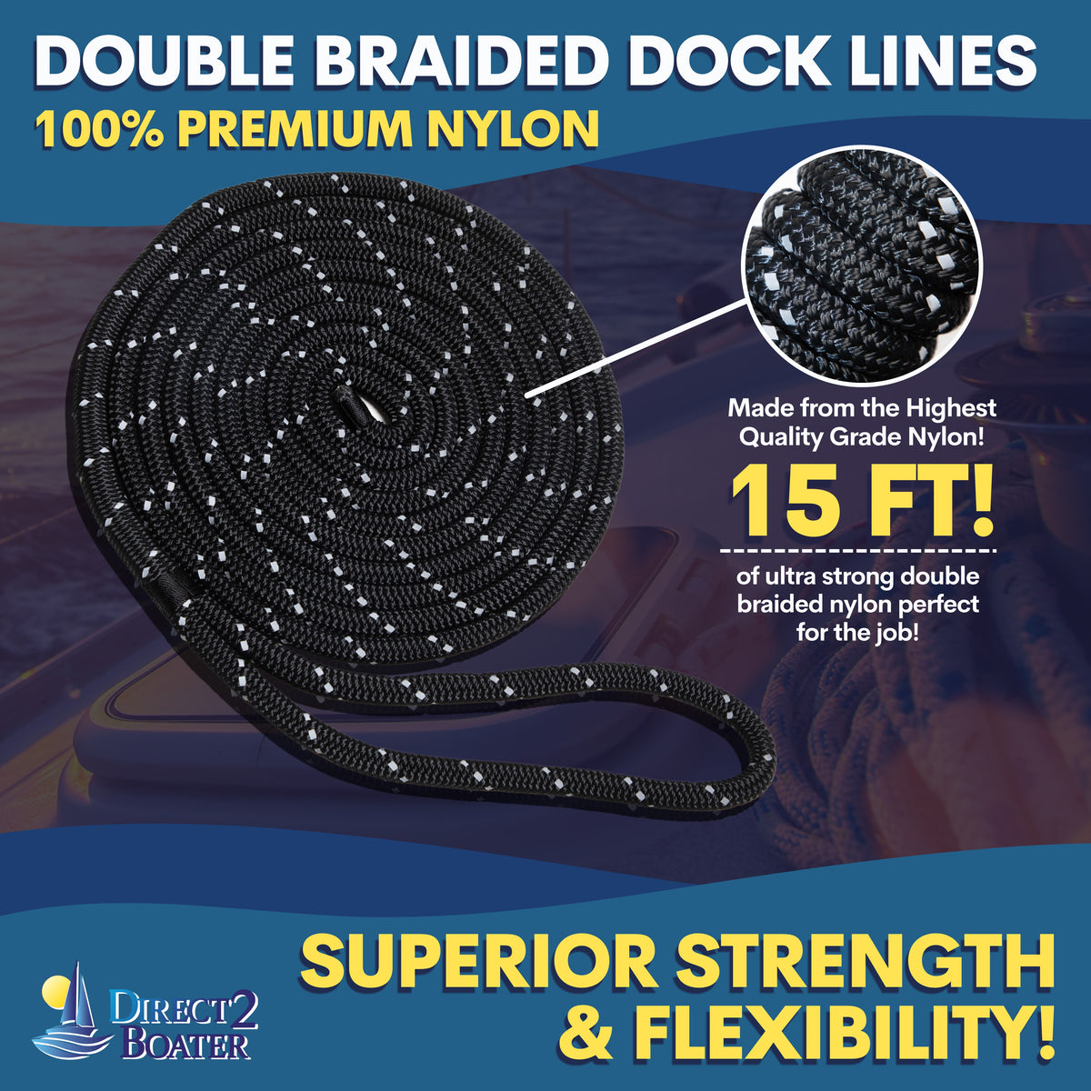 3/8" x 15' Black (2 Pack) Double Braided Nylon Dock Line L884