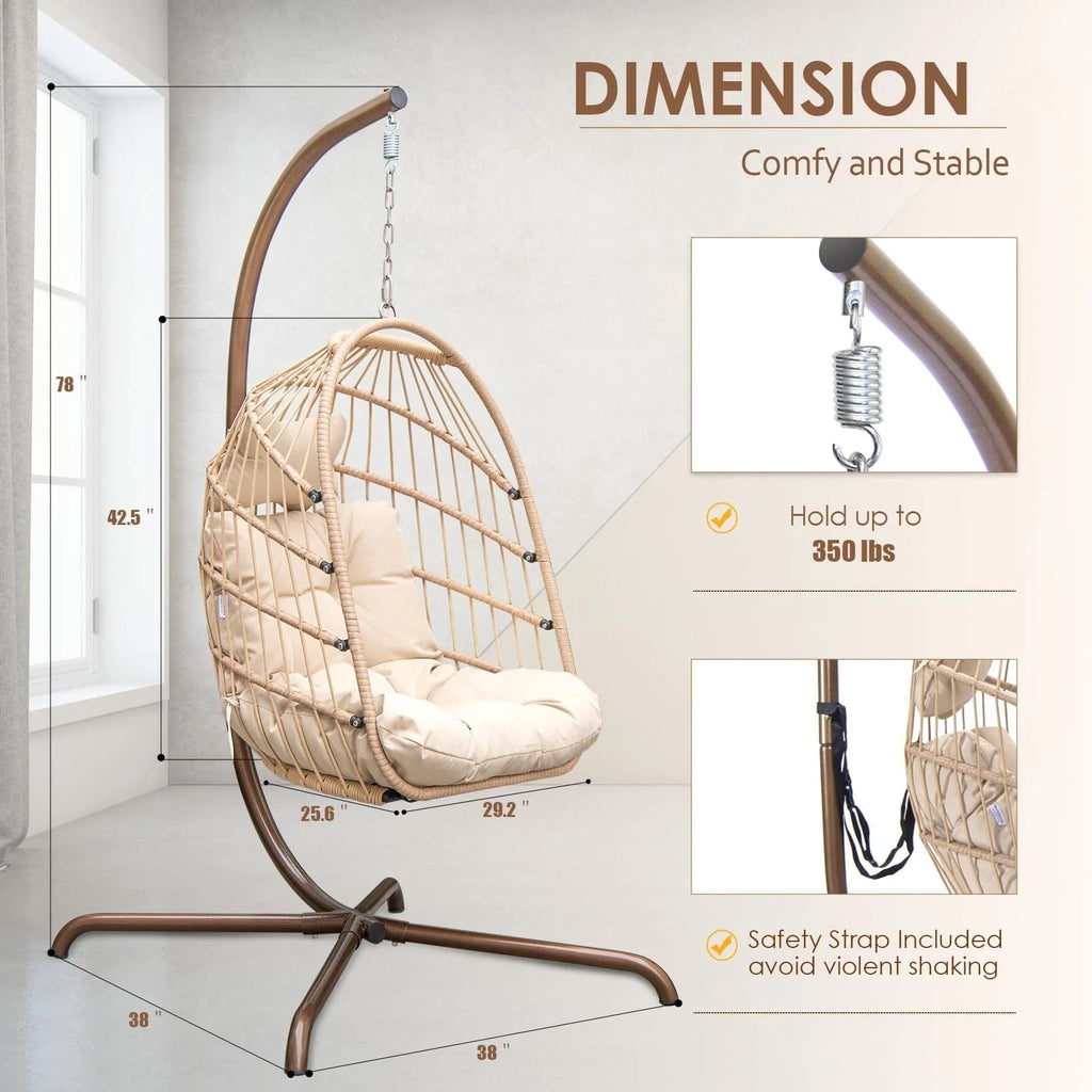 Foldable Brown PE Wicker Hanging Egg Chair with Stand Q4025