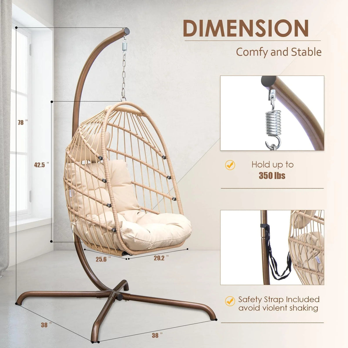 Foldable Brown PE Wicker Hanging Egg Chair with Stand Q4025