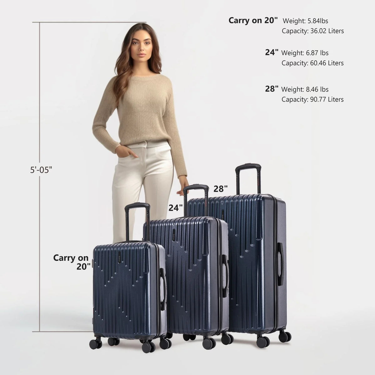 3-Piece Hardside Luggage Set with Spinner Wheels, 20"/24"/28", Navy Blue I861