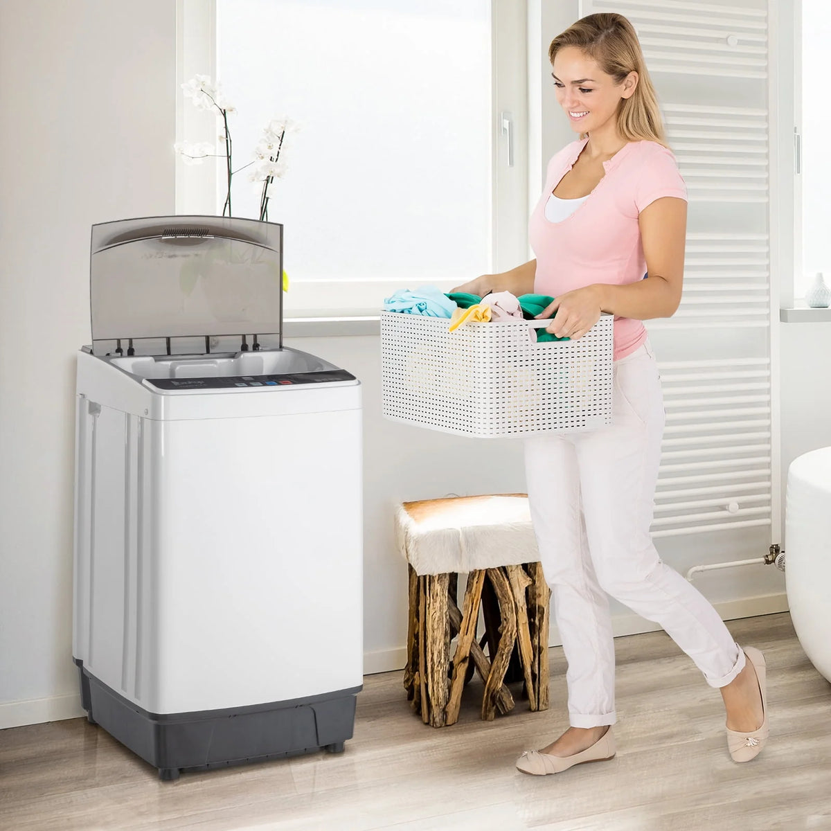 Full Automatic Washing Machine, Portable Laundry Washer with Drain Pump, White And Black S275497