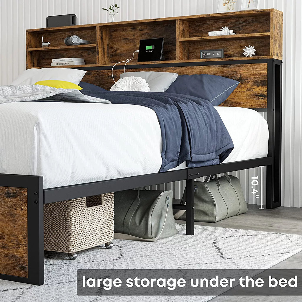 Full Bed Frame with Bookcase Headboard and Charging Station J42237