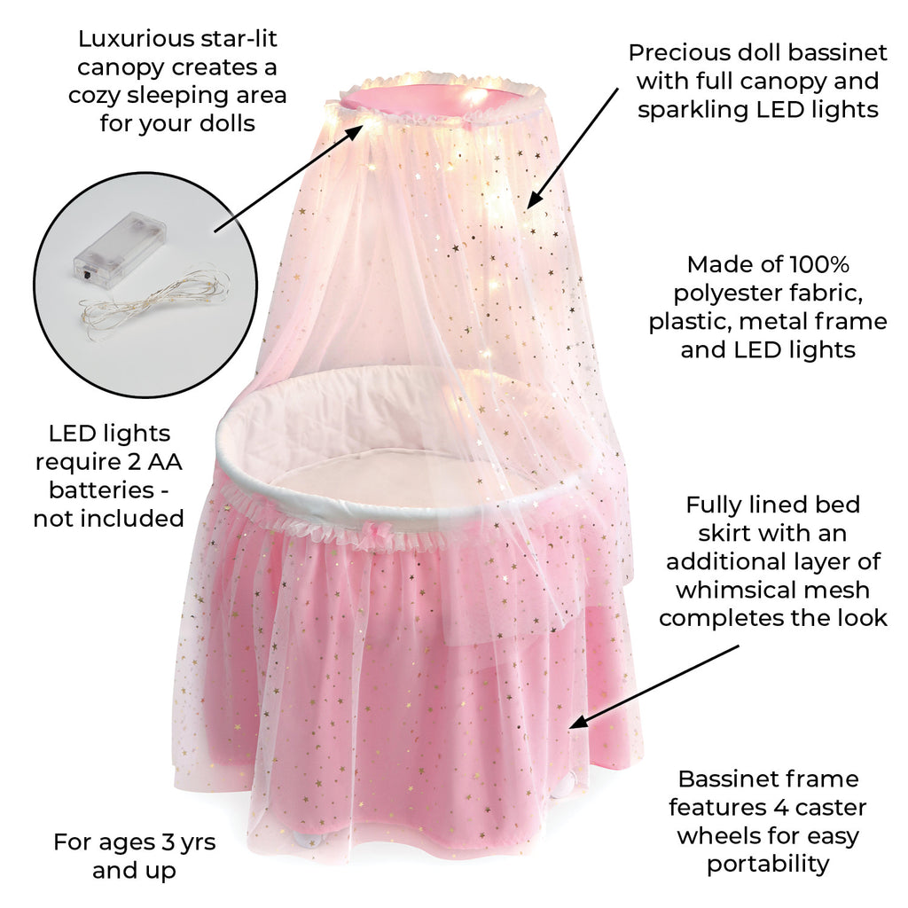 Pink Doll Bassinet with Canopy and Lights for 18 inch Dolls I38420