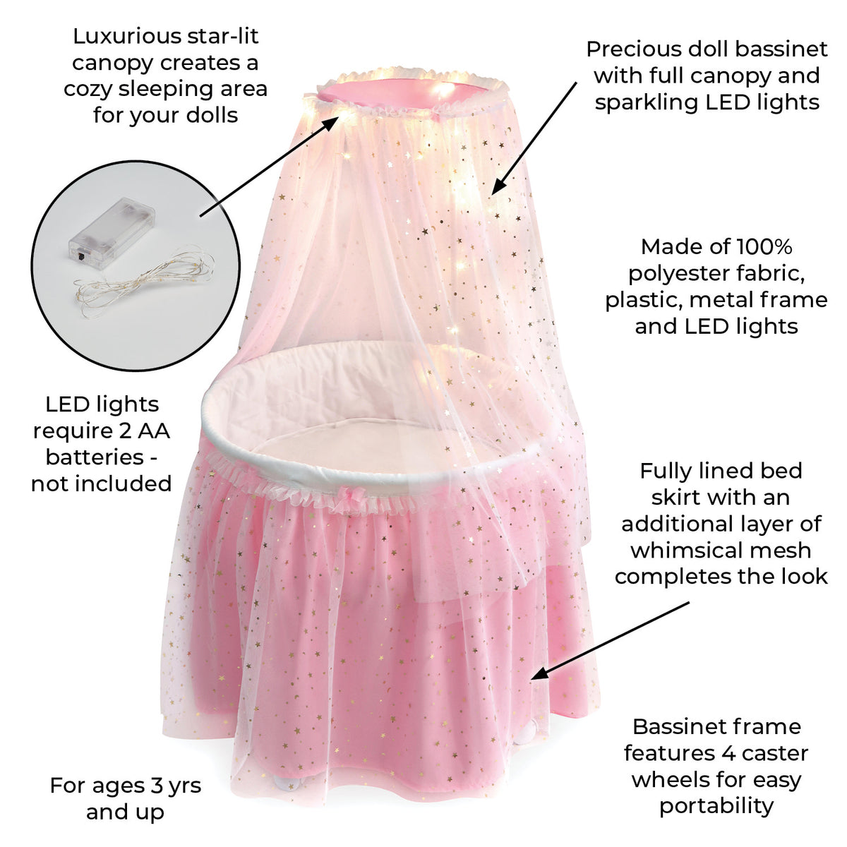 Pink Doll Bassinet with Canopy and Lights for 18 inch Dolls I38420