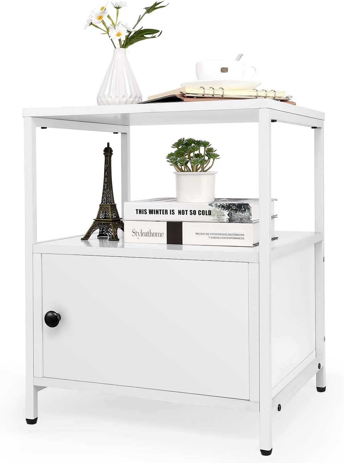 Black Wooden Nightstand with Storage Cabinet and Open Shelf Q53330