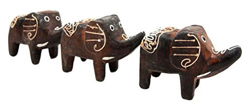 Hand Made Wood Elephant Family Miniature Figurine Set 2.5"L A87555