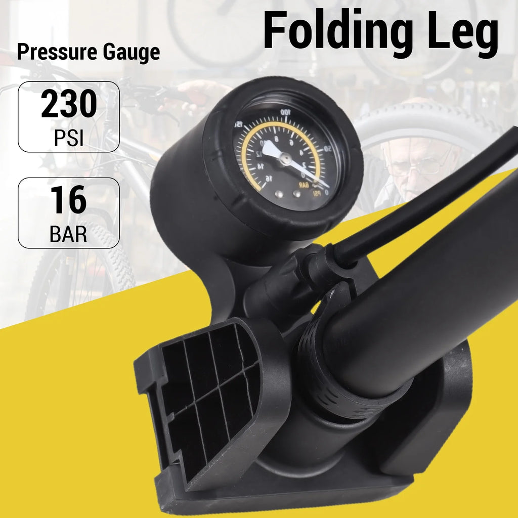 Bike Floor Pump with Pressure Gauge 230PSI, Folding Pedal, Presta/Schrader Valve A4165
